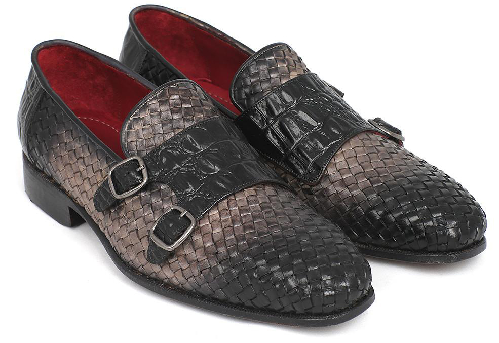 Paul Parkman ''HK588-GRY" Grey Genuine Woven / Crocodile Embossed Leather Double Monkstraps Loafers.